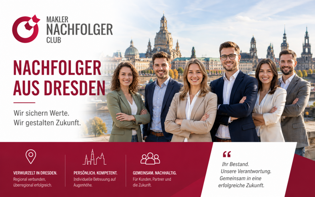 Maklernachfolge Dresden  - Bestandsnachfolger aus Dresden sucht einen Maklerbestand oder Maklerunternehmen in der Region Dresden, Leipzig, Chemnitz, Bautzen, Zwickau, Plauen, Annaberg-Buchholz sowie in den angrenzenden Regionen Thüringens, Brandenburgs und Sachsen-Anhalts.