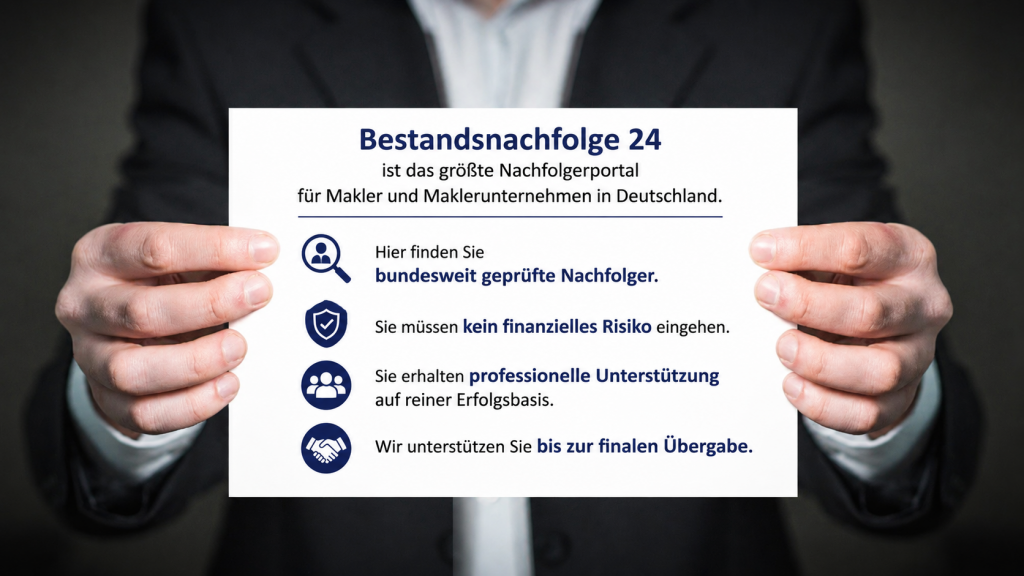 Bestandsnachfolge 24 ist das größte Nachfolgerportal für Makler und Maklerunternehmen in Deutschland. Hier finden Sie bundesweit geprüfte Nachfolger. 
