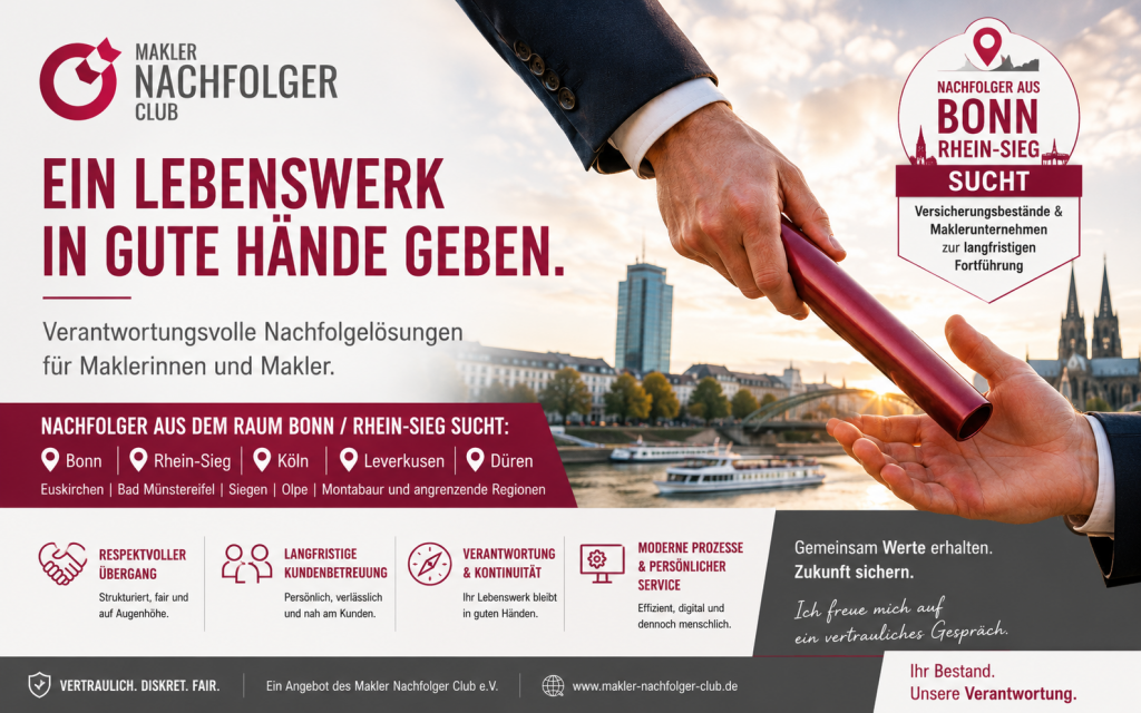 Bestandsnachfolger aus Siegburg Bonn sucht einen Maklerbestand oder Maklerunternehmen im Raum Bonn, Rhein-Sieg, Köln, Leverkusen, Düren, Euskirchen, Bad Münstereifel, Siegen, Olpe, Montabaur sowie in angrenzenden Regionen