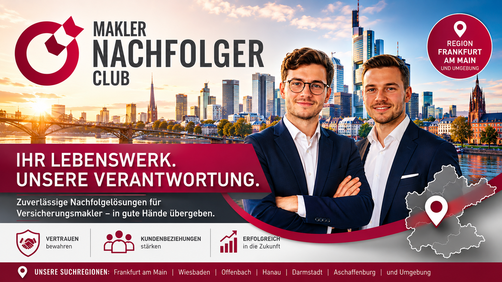Bestandsnachfolger Region Frankfurt am Main sucht einen Maklerbestand oder Maklerunternehmen in den Regionen Frankfurt am Main, Wiesbaden, Offenbach, Hanau, Darmstadt, Aschaffenburg, Sindelfingen, Stuttgart, Reutlingen und Tübingen.