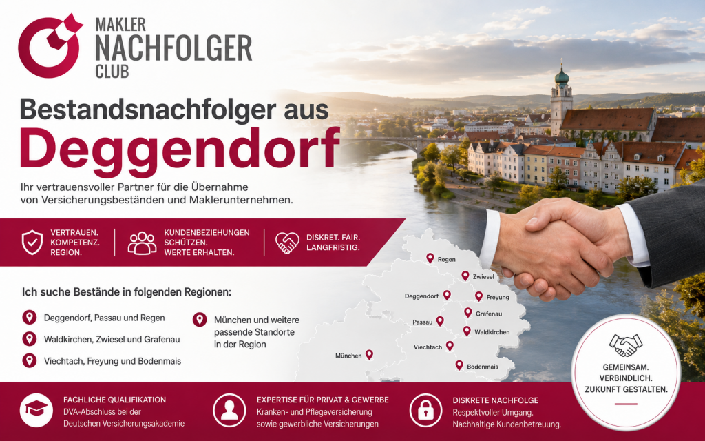 Bestandsnachfolger aus Deggendorf sucht einen Maklerbestand oder Maklerunternehmen aus den Regionen Deggendorf, Passau, Regen, Waldkirchen, Zwiesel, Grafenau, Viechtach, Freyung, Bodenmais, München und weitere passende Standorte in der Region.