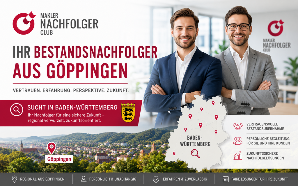 Bestandsnachfolger aus Göppingen sucht einen Maklerbestand oder Maklerunternehmen im Raum Baden-Württemberg, Göppingen und Filstal, Region Stuttgart, Ostwürttemberg, Ulm und Umgebung.