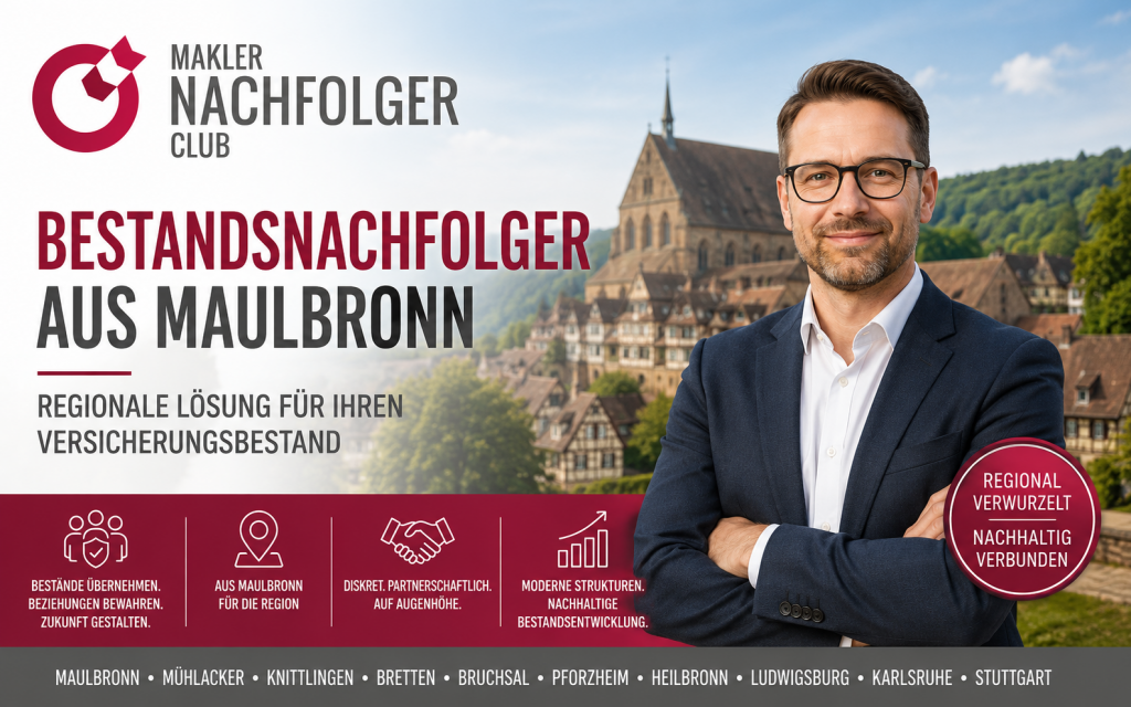 Bestandsnachfolger aus Maulbronn sucht einen Maklerbestand oder Maklerunternehmen im Raum Maulbronn, Mühlacker, Knittlingen, Bretten, Bruchsal, Pforzheim und Heilbronn, Ludwigsburg, Karlsruhe und Stuttgart