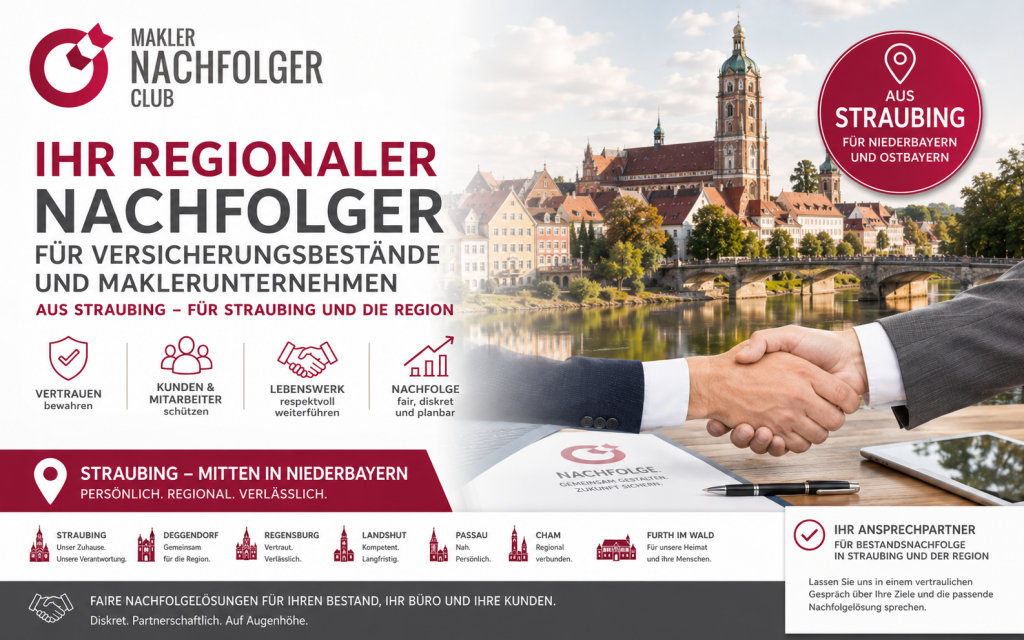 Bestandsnachfolger aus Straubing sucht einen Maklerbestand oder Maklerunternehmen aus den Regionen Straubing, Deggendorf, Regensburg, Landshut, Passau, Vilshofen, Cham, Furth im Wald, München sowie weiteren Regionen Bayerns.