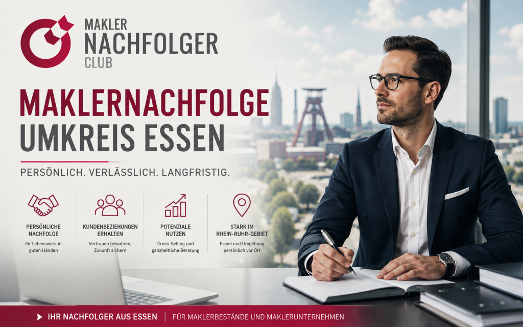 Maklernachfolge Umkreis Essen – Bestandsnachfolger sucht einen Maklerbestand oder Maklerunternehmen aus den Regionen Essen, Düsseldorf, Dortmund, Oberhausen, Bochum, Mülheim an der Ruhr, Wuppertal, Velbert und Gelsenkirchen.