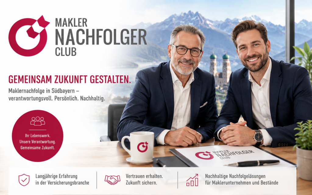 Maklernachfolge in Südbayern – Bestandsnachfolger sucht einen Maklerbestand oder Maklerunternehmen aus den Regionen München, Rosenheim, Landshut, Regensburg, Passau, Traunstein, Mühldorf am Inn, Altötting, Freilassing und Berchtesgaden.