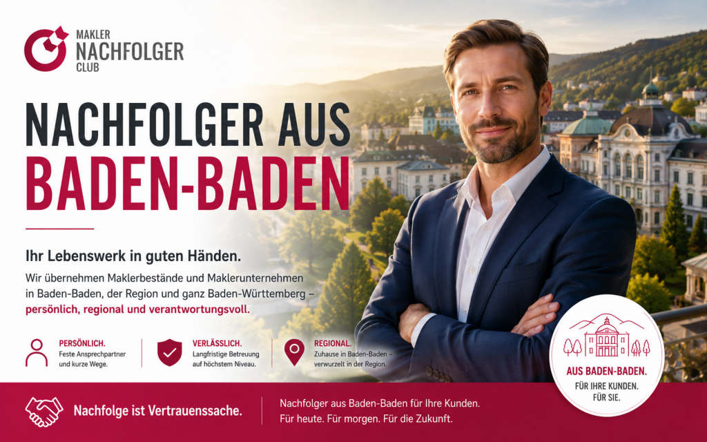 Maklernachfolge Baden-Baden – Bestandsnachfolger sucht einen Maklerbestand oder Maklerunternehmen aus den Regionen Baden-Baden, Rastatt, Gaggenau, Gernsbach, Bühl, Sinzheim, Kuppenheim, Ottersweier, Lichtenau, Karlsruhe, Bruchsal, Ettlingen, Bretten, Rheinstetten, Pfinztal, Offenburg, Kehl, Achern, Lahr, Oberkirch, Freiburg im Breisgau, Pforzheim, Calw, Freudenstadt, Mannheim, Heidelberg, Weinheim und Sinsheim, Stuttgart, Ludwigsburg, Böblingen, Reutlingen und Tübingen.