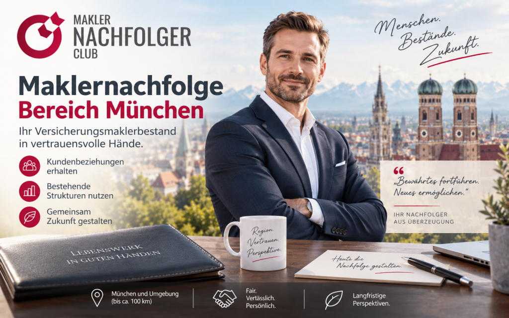 Maklernachfolge Bereich München – Bestandsnachfolger sucht einen Maklerbestand oder Maklerunternehmen aus den Regionen München, Dachau, Freising, Erding, Fürstenfeldbruck, Starnberg, Rosenheim, Landshut, Augsburg und Ingolstadt sowie die umliegenden Landkreise.